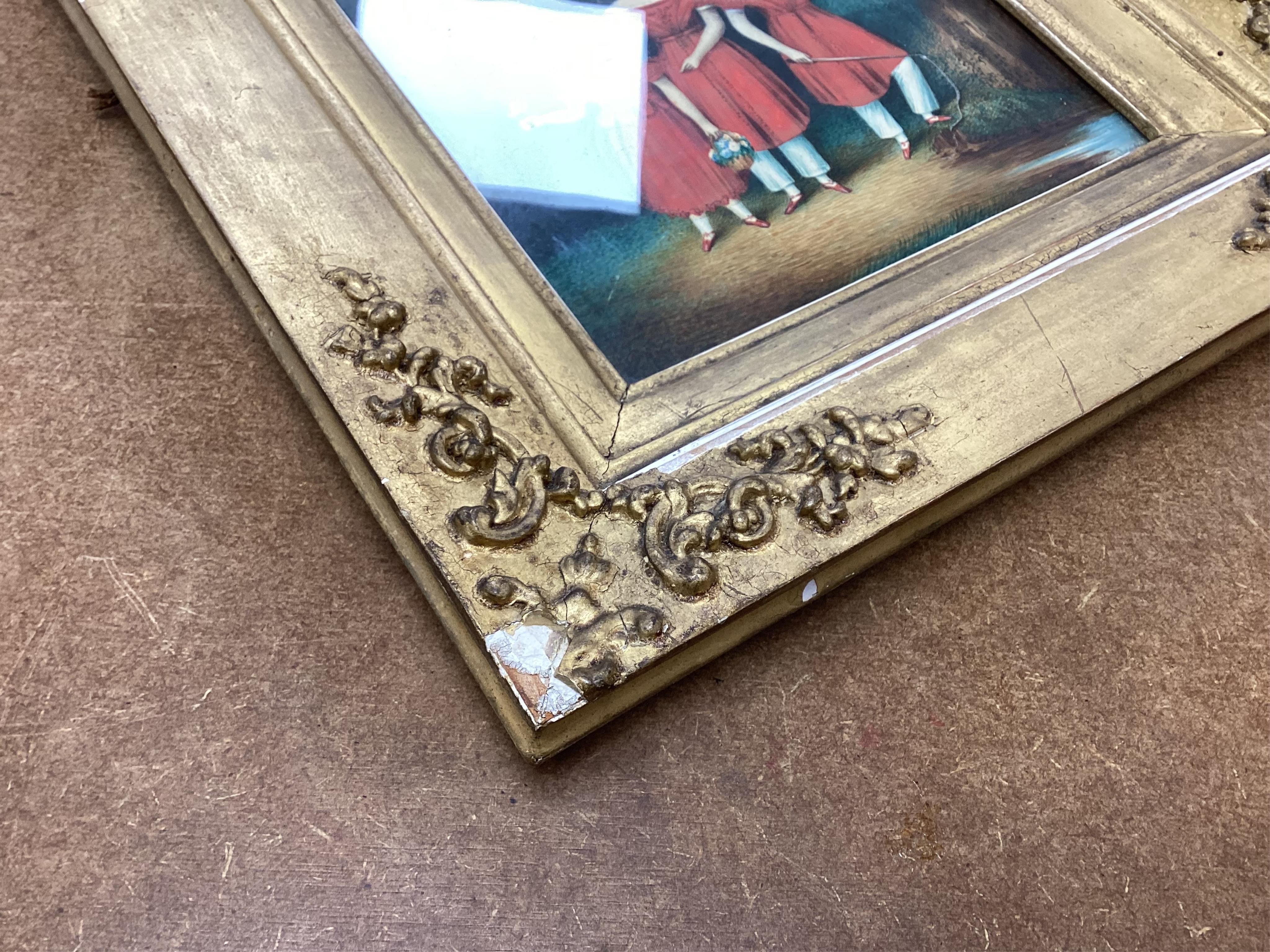 Regency School, Portrait of three siblings beside a river, unsigned, watercolour on card, 20 x 17cm, ornate gilt frame